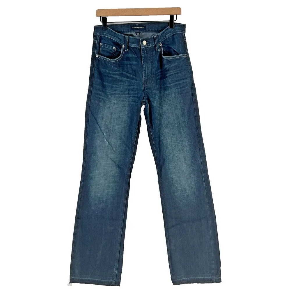 Banana Republic Straight Jeans Mens 30 Blue Denim‎ Cotton Dark Wash Released Hem